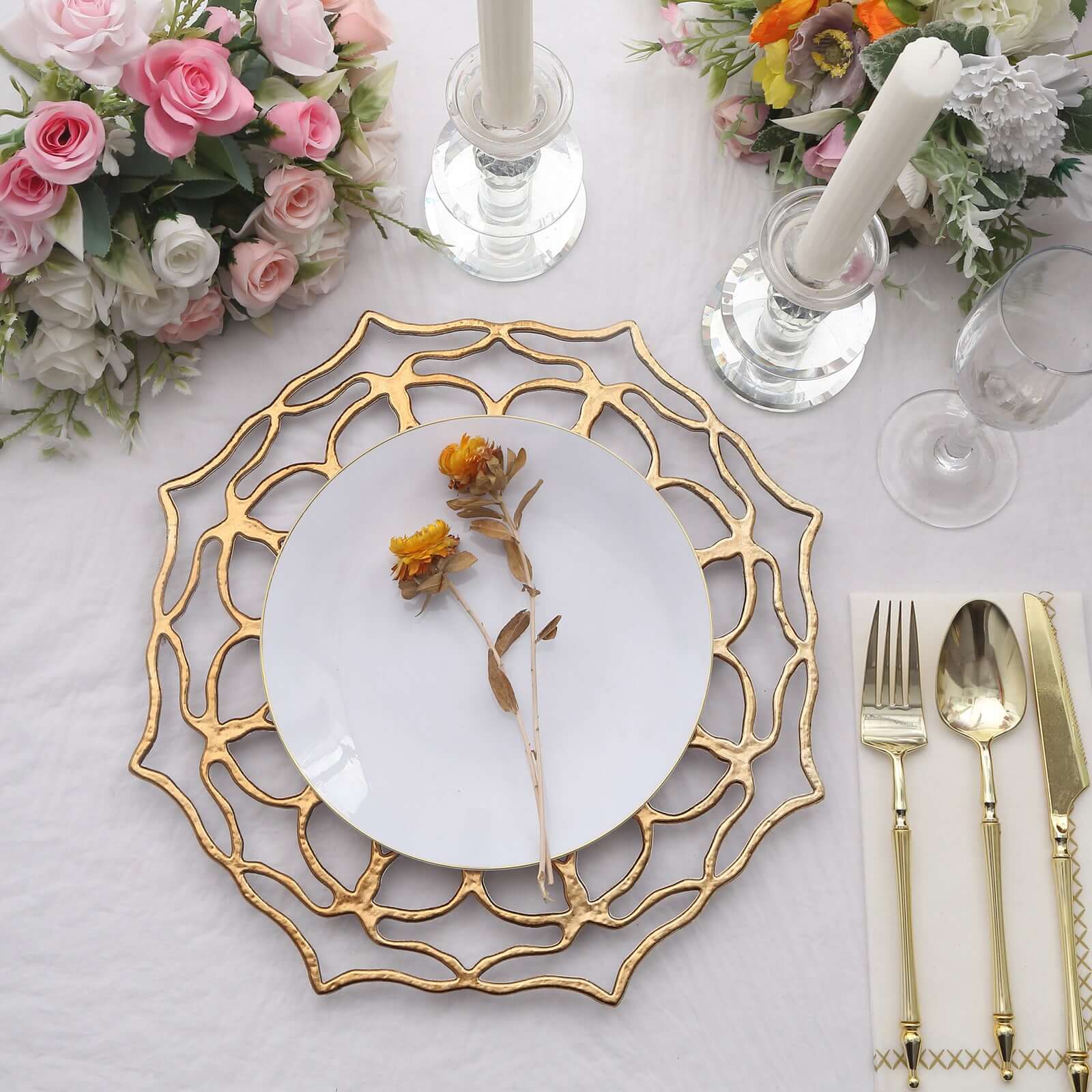 Alternative view of 6-Pack Acrylic Charger Plates 13" Round Gold Floral Cutout Design - Hollow Flower Plastic Decorative Dinner Party Charger Tableware